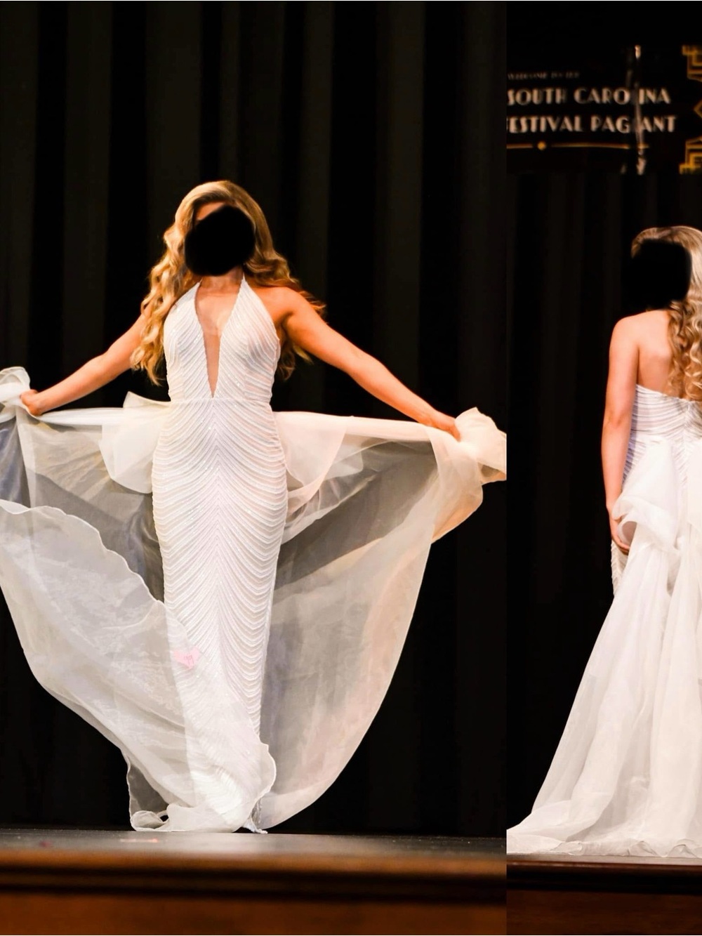 Fernando Wong pageant Elegant White Halter Evening Gown with Sheer Train